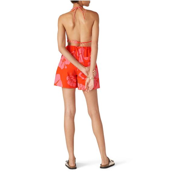 Staud Georgia Floral Romper‎ Red Pink Halter Cutout Open Back Sleeveless Sz 6 - Picture 4 of 14